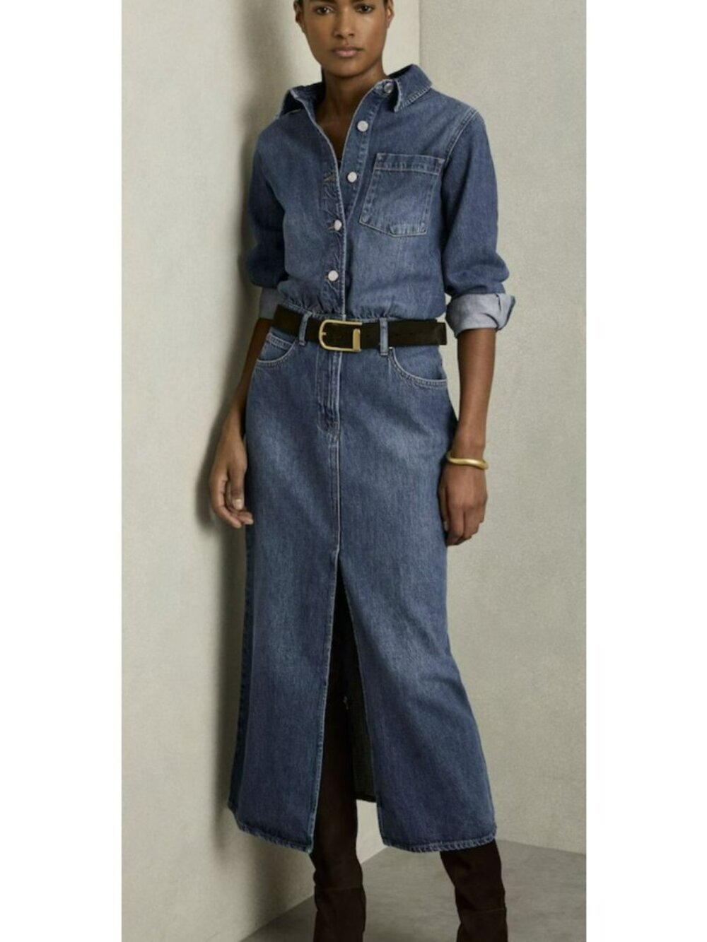 Reiss $400 Terra Denim Jean Midi Dress 14 Petite New